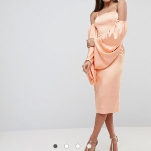 Extreme Blouson Sleeve Midi Dress in Satin